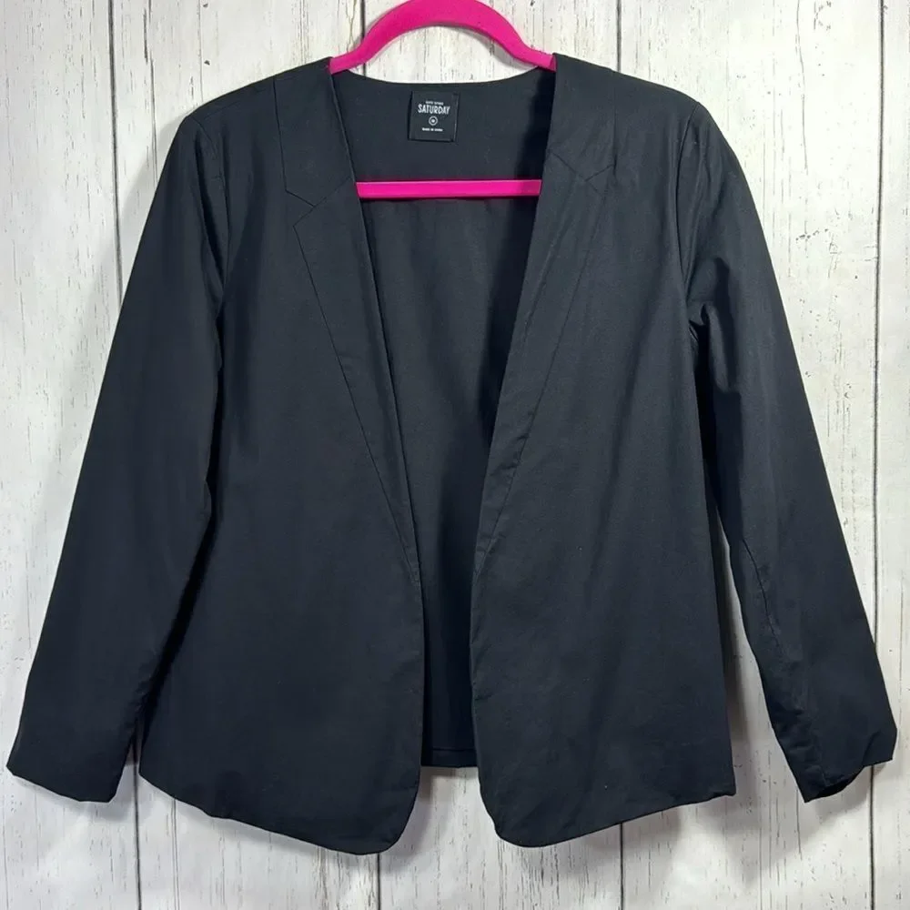 Kate Spade Saturday Black Cotton Open Front Blazer Womens Seamed Lapel Jacket